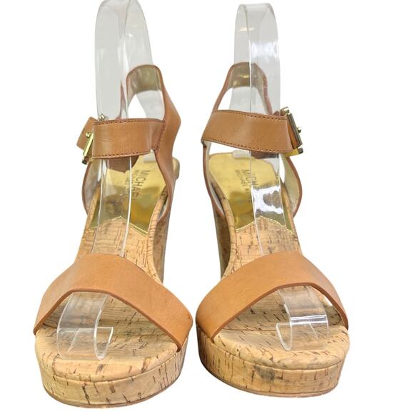 Michael Kors Cork Sole Platform Sandal Womens 6M Brown Leather High Heels 4.5" - Picture 1 of 9